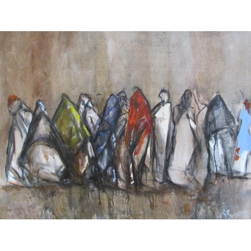 1216 - CONTEMPORARY UNSIGNED OIL ON CANVAS - GROUP OF MIDDLE EASTERN LADIES, FRAMED, 78CM X 105CM