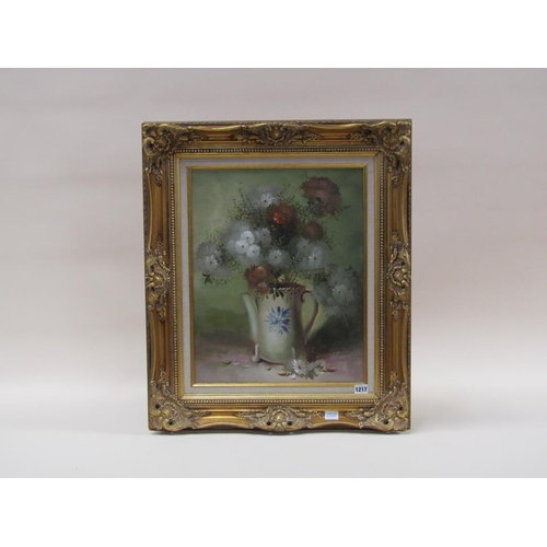 1217 - S FRAMER? - STILL LIFE A POT OF FLOWERS, SIGNED, OIL ON CANVAS, FRAMED, 50CM X39CM