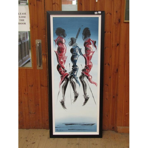 1221 - M SOMI - THREE AFRICAN FIGURES DANCING, SIGNED OIL ON CANVAS, FRAMED 143CM X 55CM