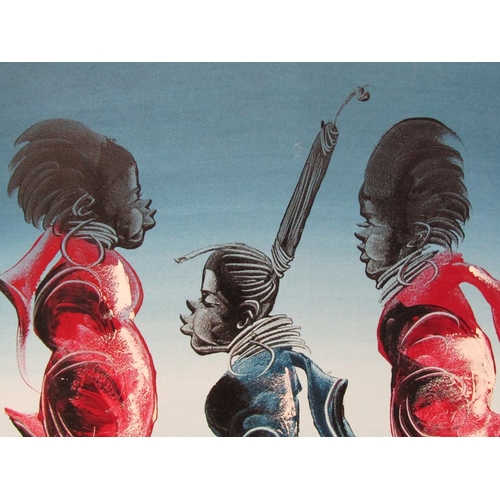 1221 - M SOMI - THREE AFRICAN FIGURES DANCING, SIGNED OIL ON CANVAS, FRAMED 143CM X 55CM