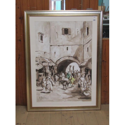 1224 - E HALLROMI - MIDDLE EASTERN STREET SCENE WITH FIGURES AND ANIMALS, SIGNED WATERCOLOUR, F/G, 98CM X 6... 