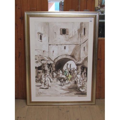 1224 - E HALLROMI - MIDDLE EASTERN STREET SCENE WITH FIGURES AND ANIMALS, SIGNED WATERCOLOUR, F/G, 98CM X 6... 