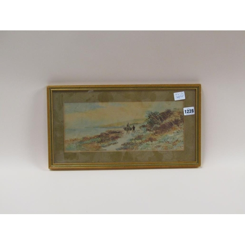 1228 - M GOODWIN - TWO FIGURES WITH A DONKEY AND COASTAL SETTING, SIGNED WATERCOLOUR, F/G, 14CM X 35CM