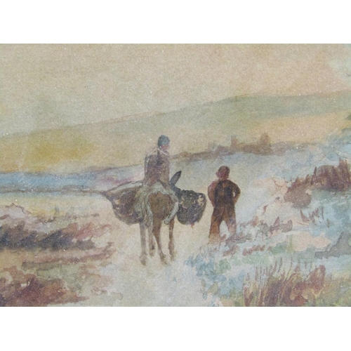 1228 - M GOODWIN - TWO FIGURES WITH A DONKEY AND COASTAL SETTING, SIGNED WATERCOLOUR, F/G, 14CM X 35CM