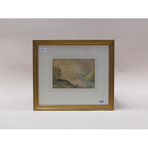 1231 - UNSIGNED 19C - EUROPEAN LAKE SCENE WITH TWO FIGURES, WATERCOLOUR, F/G, 15CM X 20CM