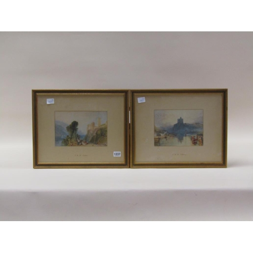 1237 - IN THE MANNER OF J M W TURNER - PAIR, TWO EUROPEAN LAKE SCENES WITH CASTLES, WATERCOLOURS, F/G, 15CM... 