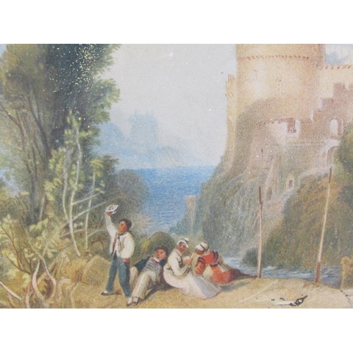 1237 - IN THE MANNER OF J M W TURNER - PAIR, TWO EUROPEAN LAKE SCENES WITH CASTLES, WATERCOLOURS, F/G, 15CM... 