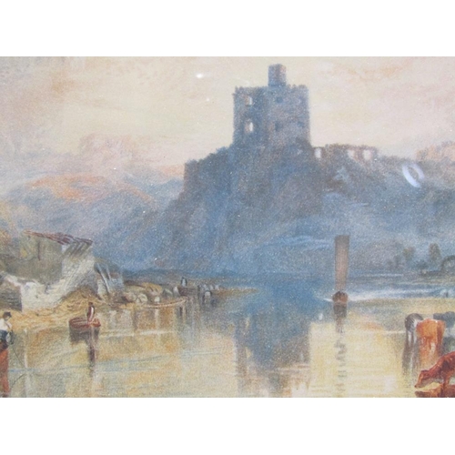 1237 - IN THE MANNER OF J M W TURNER - PAIR, TWO EUROPEAN LAKE SCENES WITH CASTLES, WATERCOLOURS, F/G, 15CM... 