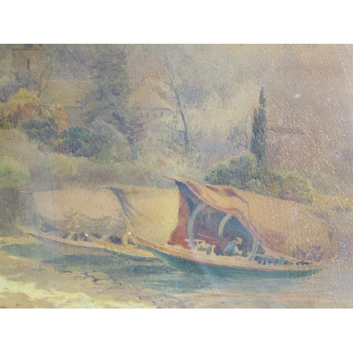 1243 - ALBERT STEVENS - ITALIAN LAKE WTH CANVAS COVERED BOAT, SIGNED WATERCOLOUR, F/G, 45CM X 70CM