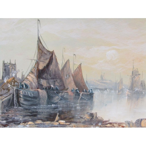 1245 - PAIR - SAILING VESSELS IN HARBOUR, OIL ON BOARD, UNFRAMED, EACH 30CM X 50CM