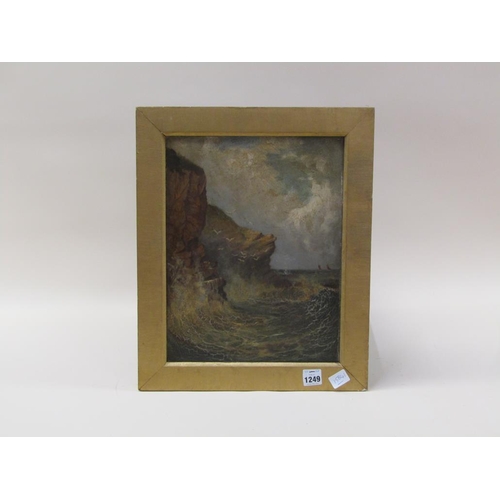 1249 - UNSIGNED 19C - ROCKY COASTAL SCENE, OIL ON BOARD, FRAMED, 39CM X 29CM