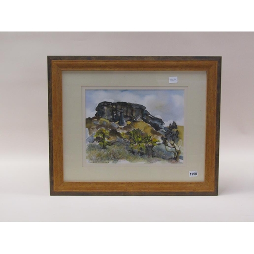 1250 - SANDRA LAWLESS - ROCKY OUTCROP WITH TREES IN FOREGROUND, SIGNED WATERCOLOUR, F/G, 29CM X 37CM