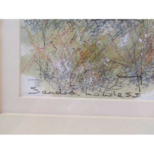 1250 - SANDRA LAWLESS - ROCKY OUTCROP WITH TREES IN FOREGROUND, SIGNED WATERCOLOUR, F/G, 29CM X 37CM