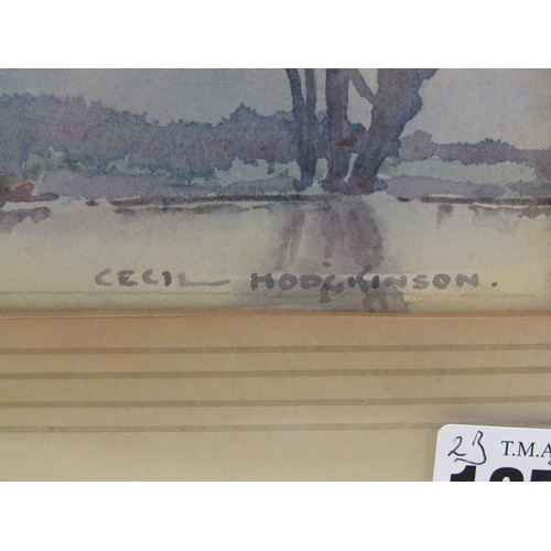 1251 - CECIL HODGKINSON - RIVERSCAPE, SIGNED WATERCOLOUR, F/G, 23CM X 32CM