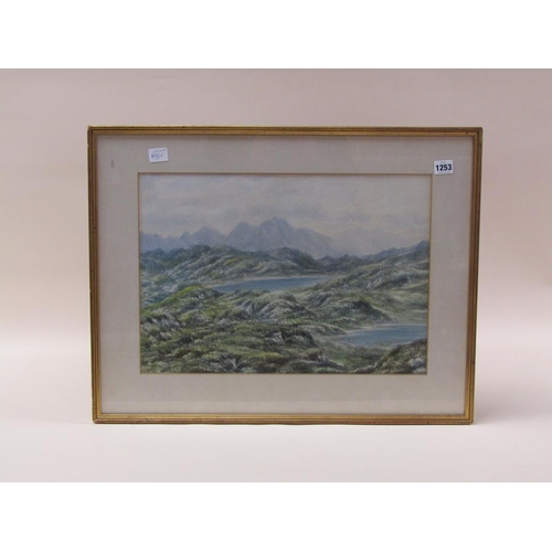 1253 - UNSIGNED - HIGHLAND SCENE WITH LAKES IN FOREGROUND, WATERCOLOUR, F/G, 34CM X 49CM