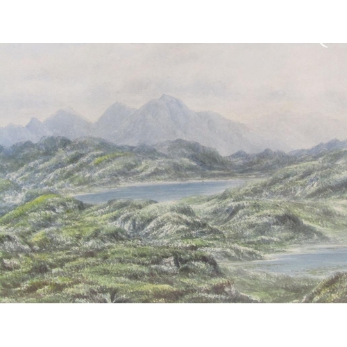 1253 - UNSIGNED - HIGHLAND SCENE WITH LAKES IN FOREGROUND, WATERCOLOUR, F/G, 34CM X 49CM