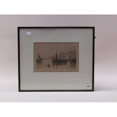 1266 - HARRY G WALKER - RIVERSCAPE WITH MOORED FISHING BOATS, SIGNED COLOURED PRINT, F/G, 21CM X 30CM