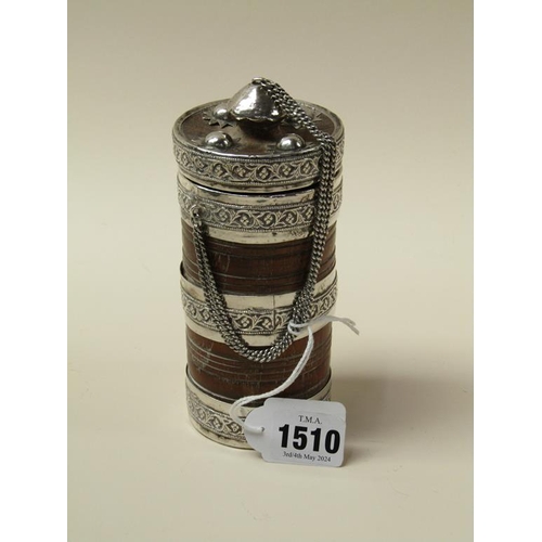 1510 - EASTERN WOODEN AND SILVER MOUNTED CYLINDRICAL SPICE BOX