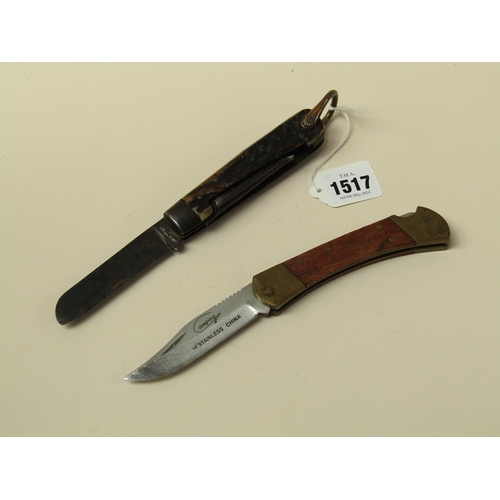 1517 - ONE HORN HANDLED, ONE WOODEN AND BRASS PEN KNIFE