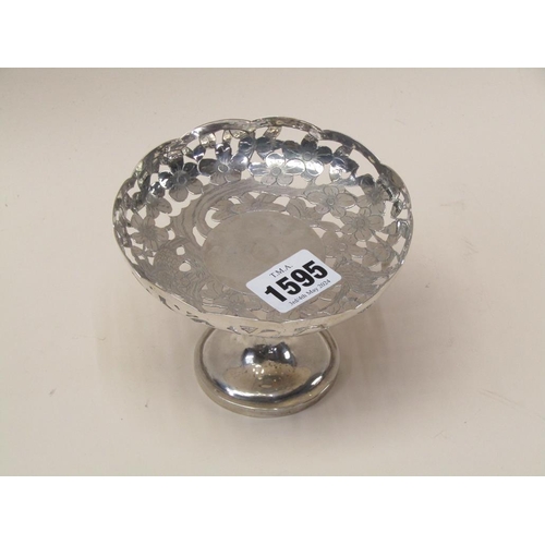 1595 - ORIENTAL SILVER PIERCED DISH ON STAND, 3ozt