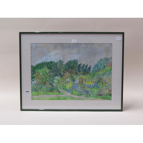 1300 - SIGNED INDISTINCTLY - GARDEN SCENE, CRAYON AND WATERCOLOUR, F/G, 40CM X 58CM