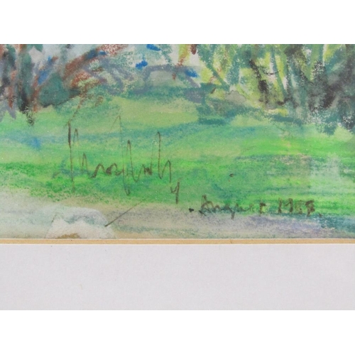 1300 - SIGNED INDISTINCTLY - GARDEN SCENE, CRAYON AND WATERCOLOUR, F/G, 40CM X 58CM