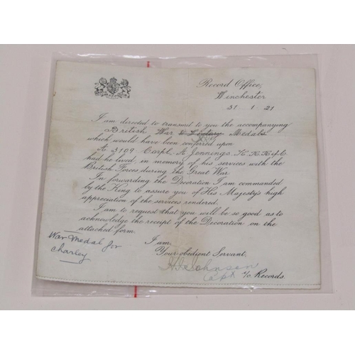 1640 - FIRST WORLD WAR MEDALS AND PAPERWORK RELATING TO CORP. A JENNINGS, 8 BATTALION, KINGS ROYAL RIFLE CO... 