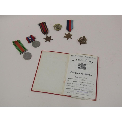 1642 - WORLD WAR II MEDALS, MILITARY POLICE BADGES AND ACCOMPANYING PAPERWORK AND SERVICE RECORD