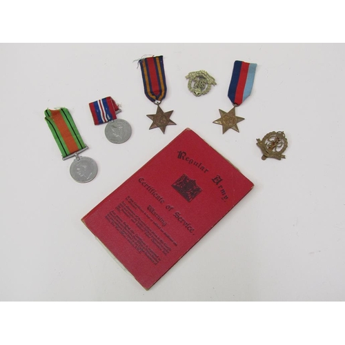 1642 - WORLD WAR II MEDALS, MILITARY POLICE BADGES AND ACCOMPANYING PAPERWORK AND SERVICE RECORD