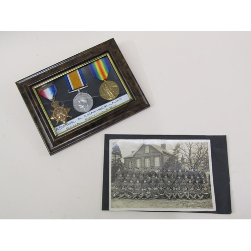 1643 - WORLD WAR I MEDALS, FRAMED PLUS PHOTO AND PAPERWORK RELATING TO 34970 GNR A CHAMBERLAIN, ROYAL ARTIL... 