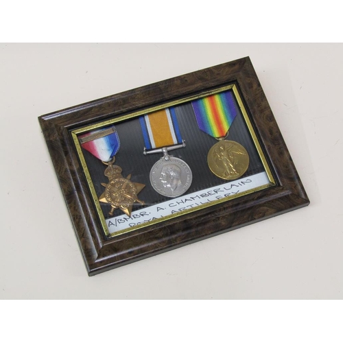 1643 - WORLD WAR I MEDALS, FRAMED PLUS PHOTO AND PAPERWORK RELATING TO 34970 GNR A CHAMBERLAIN, ROYAL ARTIL... 