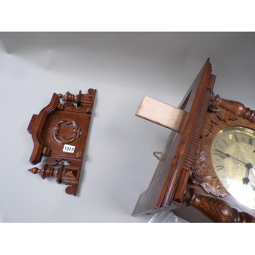 1317 - CARVED OAK PENDULUM WALL CLOCK, 84CM H