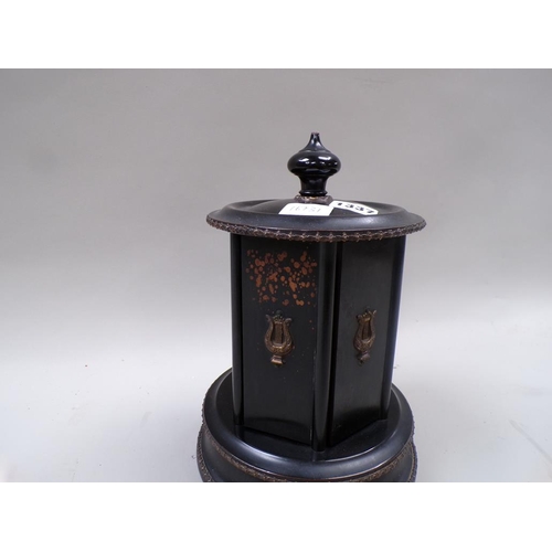 1337 - EARLY 20C EBONISED AND GILT DECORATED CIGAR DISPENSER, 29CM H