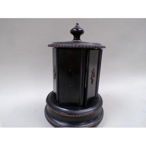 1337 - EARLY 20C EBONISED AND GILT DECORATED CIGAR DISPENSER, 29CM H