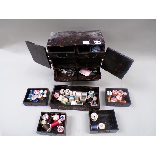 1345 - ORIENTAL BLACK LACQUERED AND GILT DECORATED TABLE TOP FITTED BOX, A/F, 29CM W