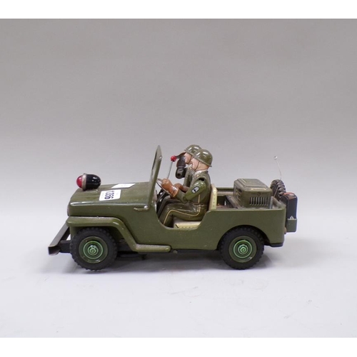 1356 - PAINTED TIN PLATE JEEP WITH ELECTRIC MOTOR, 28CM L