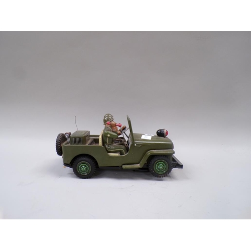 1356 - PAINTED TIN PLATE JEEP WITH ELECTRIC MOTOR, 28CM L