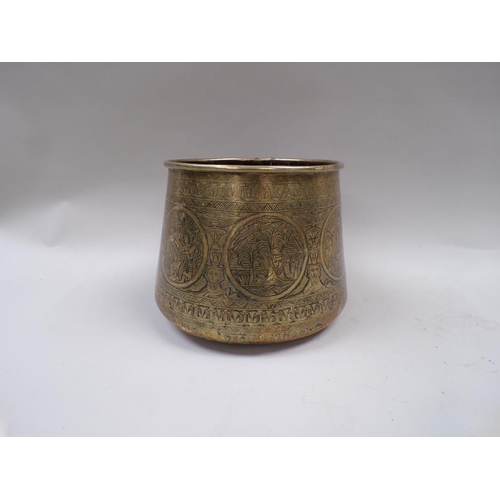 1376 - ORIENTAL BRASS BOWL WITH EGYPTIANESQUE INCISED DECORATION, 22CM W