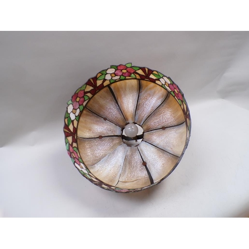 1379 - STAINED COLOURED GLASS CEILING LIGHT SHADE, 49CM DIAM, A/F ONE PANE CRACKED