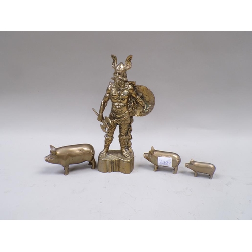 1391 - THREE BRASS PIGS; VIKING WARRIOR, 25CM H