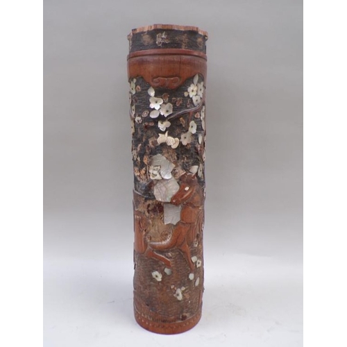 1393 - ORIENTAL BAMBOO TUBE CARVED AND DECORATED WITH MOTHER OF PEARL, 53CM H