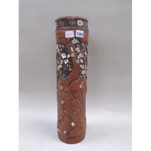 1393 - ORIENTAL BAMBOO TUBE CARVED AND DECORATED WITH MOTHER OF PEARL, 53CM H