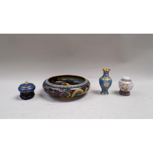 1425 - ORIENTAL CLOISONNE BOWL - 26cms DIA TOGETHER WITH TWO SMALLER VASE AND COVERS AND ONE BALUSTER VASE