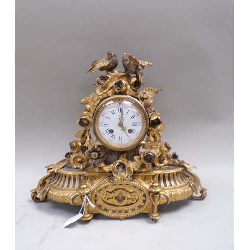 1427 - FRENCH METAL MANTEL CLOCK WITH BIRD NEST FINIAL - 34 cms H