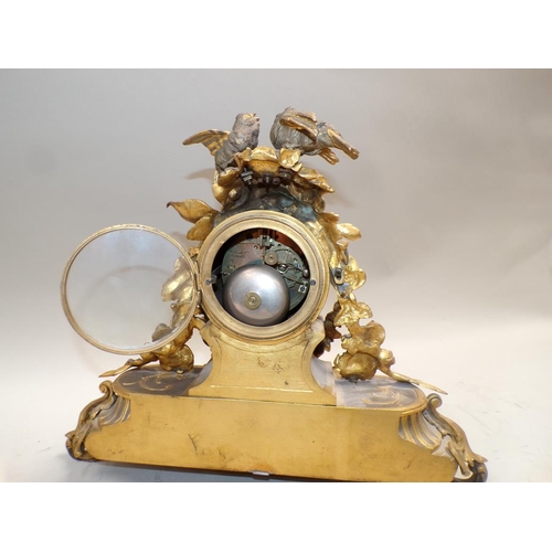 1427 - FRENCH METAL MANTEL CLOCK WITH BIRD NEST FINIAL - 34 cms H