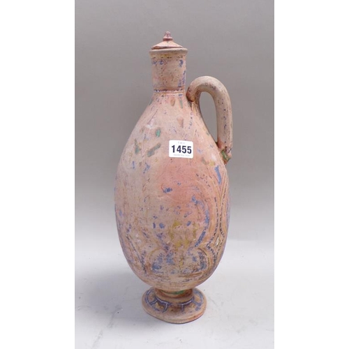 1455 - ANTIQUE ORIENTAL PAINTED TERRACOTTA FLASK WITH A COVER - 42cms H