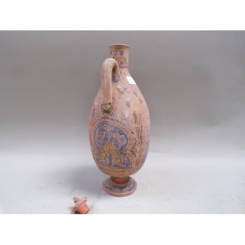 1455 - ANTIQUE ORIENTAL PAINTED TERRACOTTA FLASK WITH A COVER - 42cms H