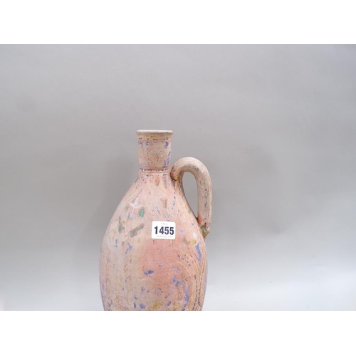 1455 - ANTIQUE ORIENTAL PAINTED TERRACOTTA FLASK WITH A COVER - 42cms H