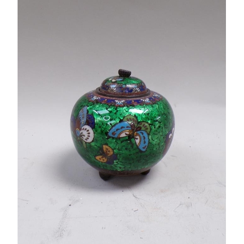 1465 - ORIENTAL GREEN ENAMEL BUTTERFLY CLOISONNE CIRCULAR POT AND COVER - 10cms H