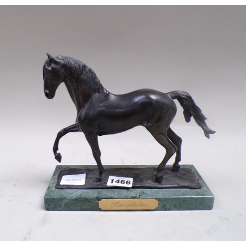 1466 - BRONZE FIGURE OF A HORSE 'BUCEPHALUS' ON A GREEN STONE BASE - 21cms W